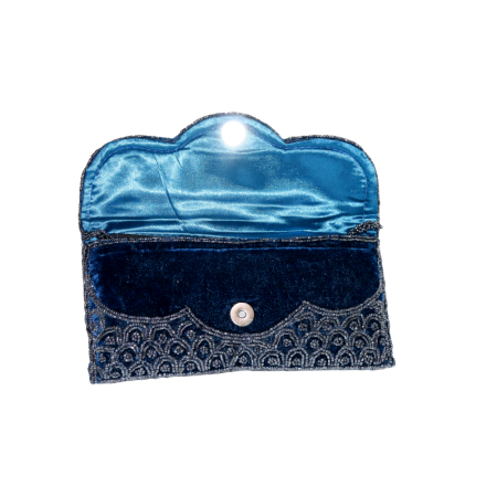 Handcrafted Velvet Beaded Clutch Bag with Chain Strap in Navy Blue Floral Design